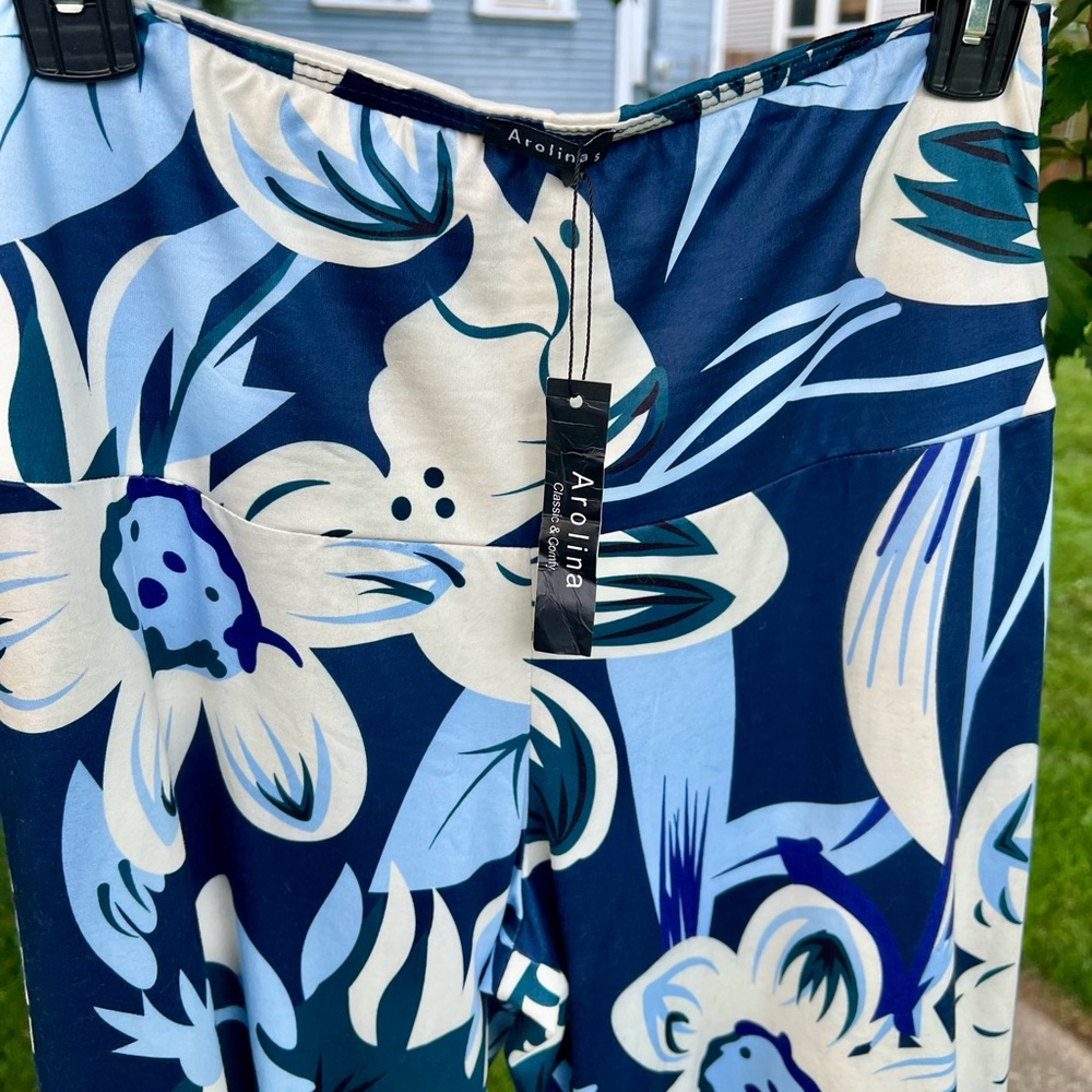 NWT Arolina lounge floral beach pant coverup yoga flare wide leg S navy blue - Picture 3 of 7